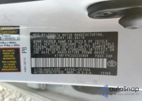 2016 Toyota Camry Le from USA, damaged, VIN 4T1BF1FK2GU235908